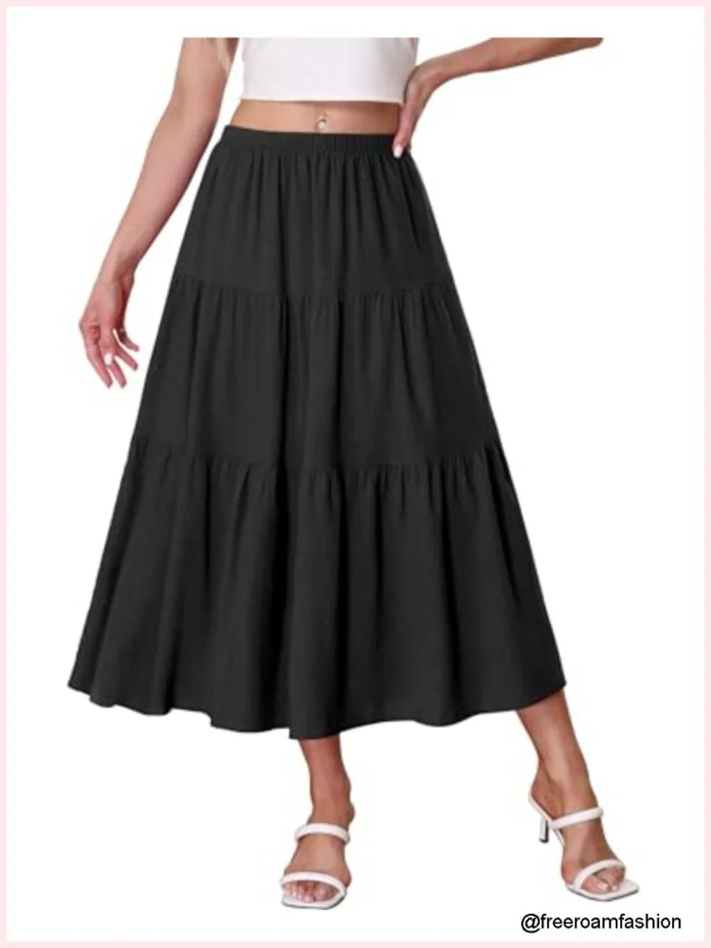 High Waist Tiered A-Line Midi Skirt Flowy Ruffle Elastic Boho
